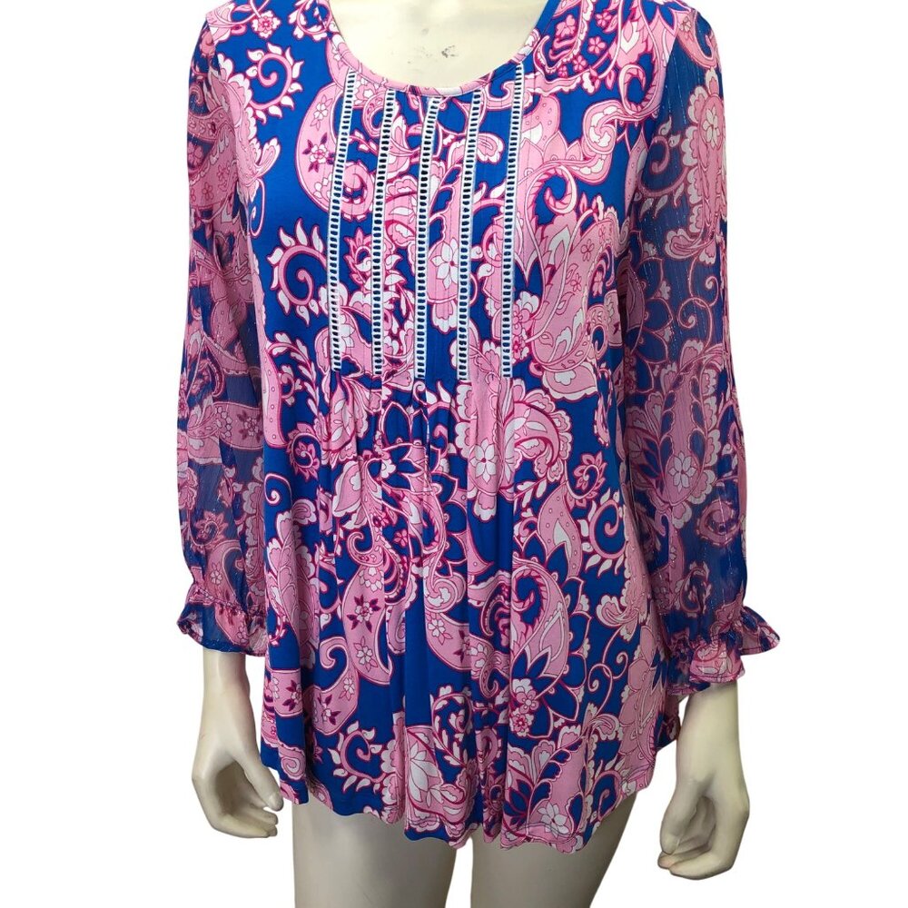 Ruby Rd. Womens Long Sleeve Floral‎ Boho Top Pink & Blue Size L NWT